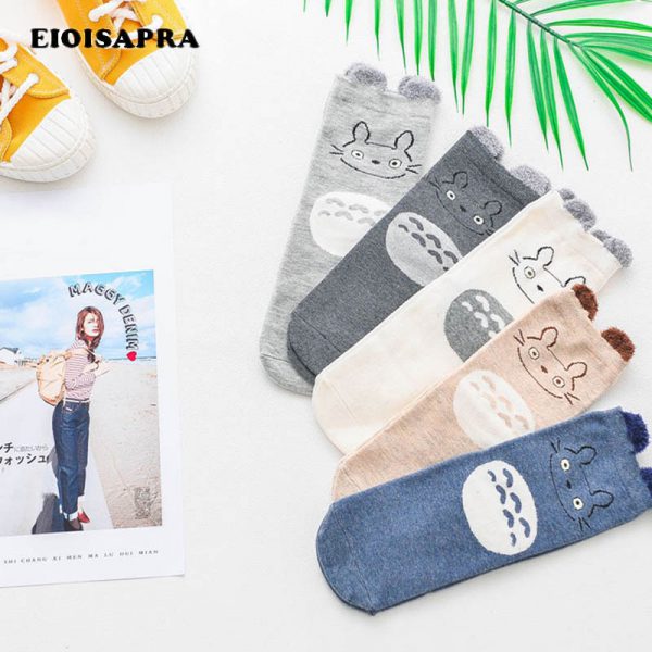 [EIOISAPRA]5 Pairs Cute Fuzzy Ear Wacky Totoro Pattern Socks Women Kawaii Animal Meias Korean Funny Sox Cotton Calcetines Mujer